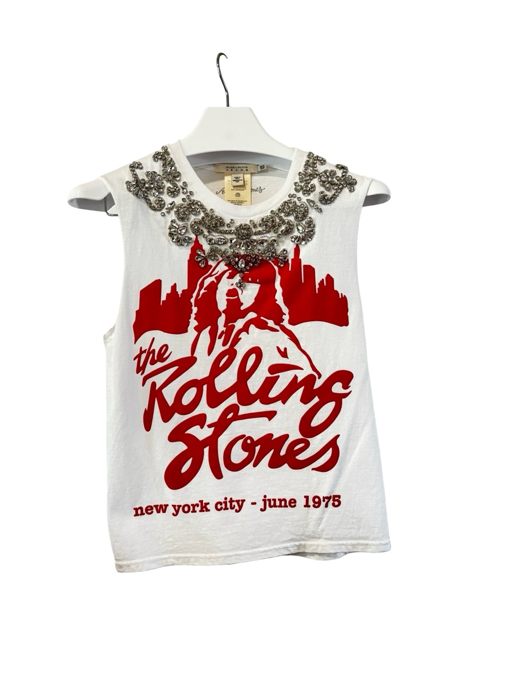 Alice + Olivia White Tank with Red Graphic and Beaded Neckline